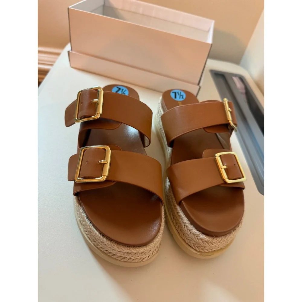 Madden Girl Platform Sandals Women 7.5 Cognac Espadrille Double Buckle Slides